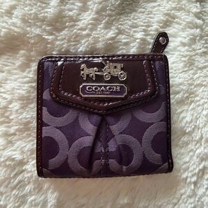 Coach Signature C Dark Purple Canvas/Patent Compact Bifold Wallet 3.75x3.75